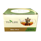 Boxed clear glass teapot with stainless steel infuser basket holding amber brewed tea, 800ml capacity shown on packaging