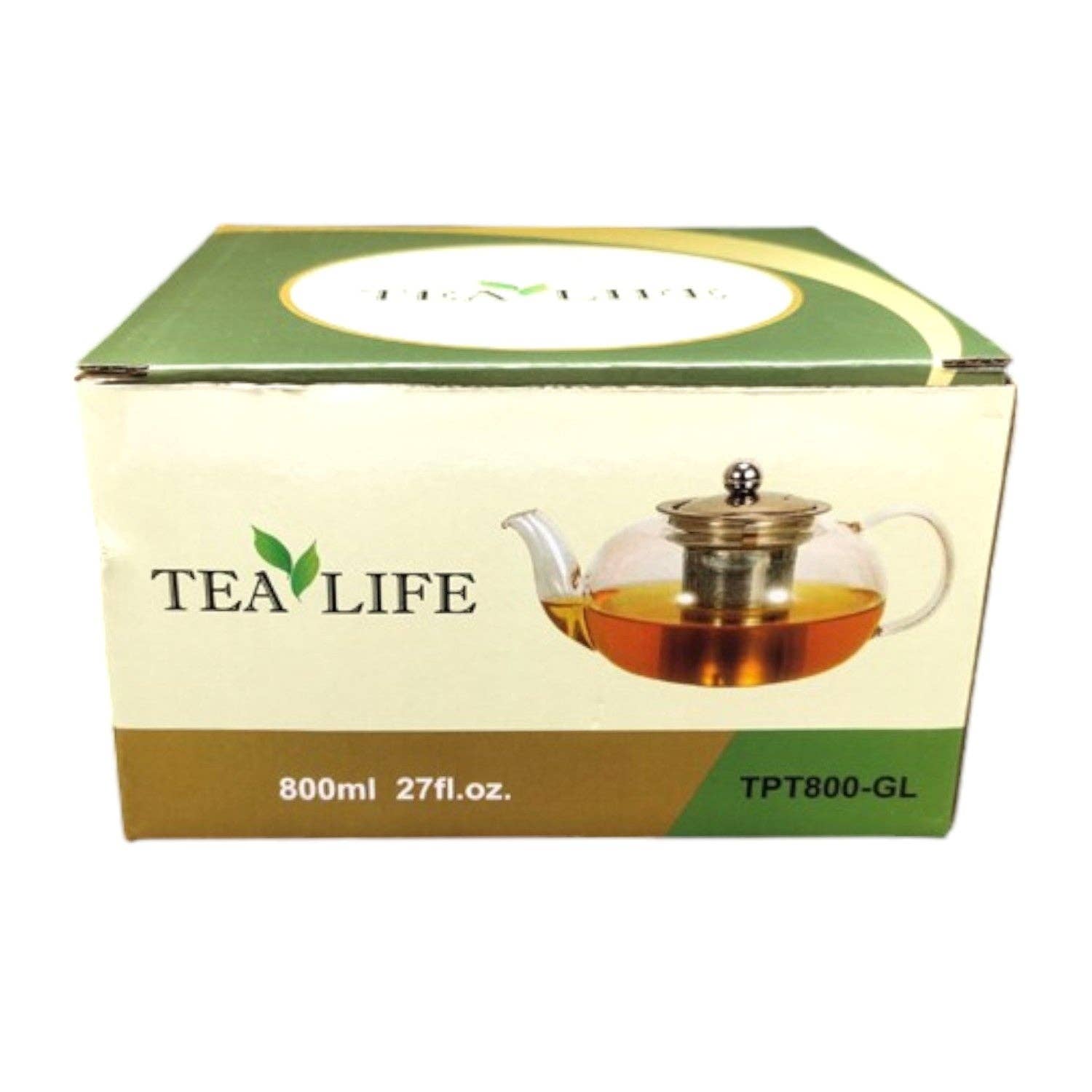 Boxed clear glass teapot with stainless steel infuser basket holding amber brewed tea, 800ml capacity shown on packaging