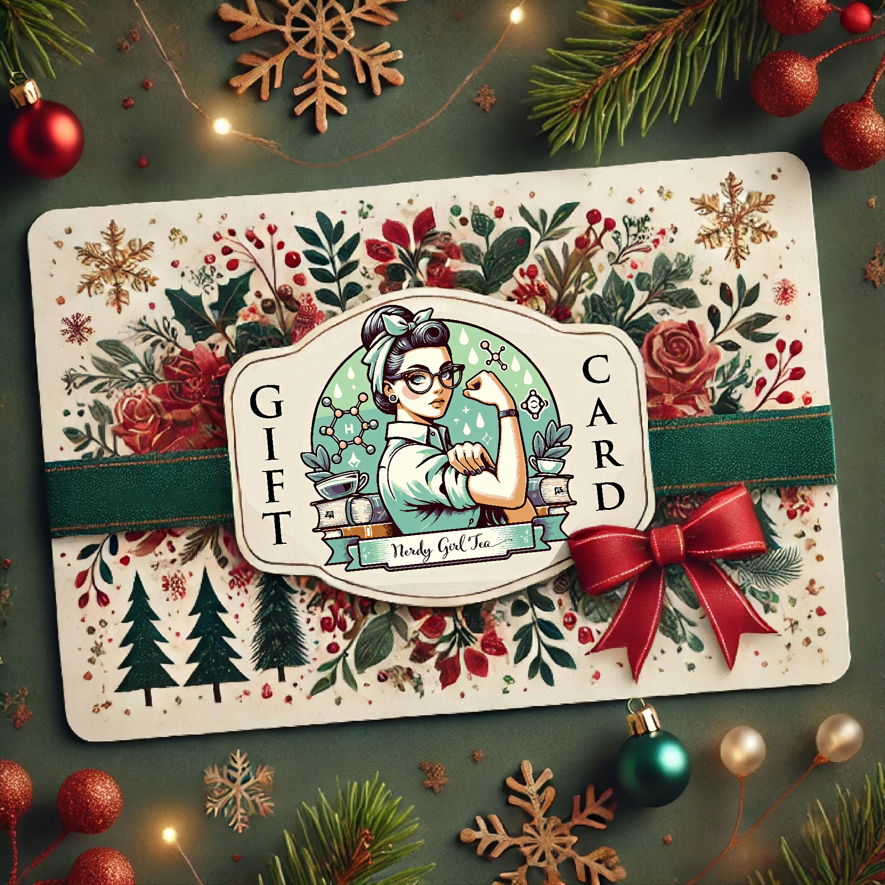 Holiday-themed Nerdy Girl Tea gift card with festive greenery, red bow, and decorative snowflakes on dark background.