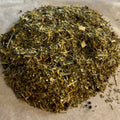 Close-up of loose Minty Lemon Mate tea blend with yerba mate, lemon pieces, and dried mint leaves on parchment paper.