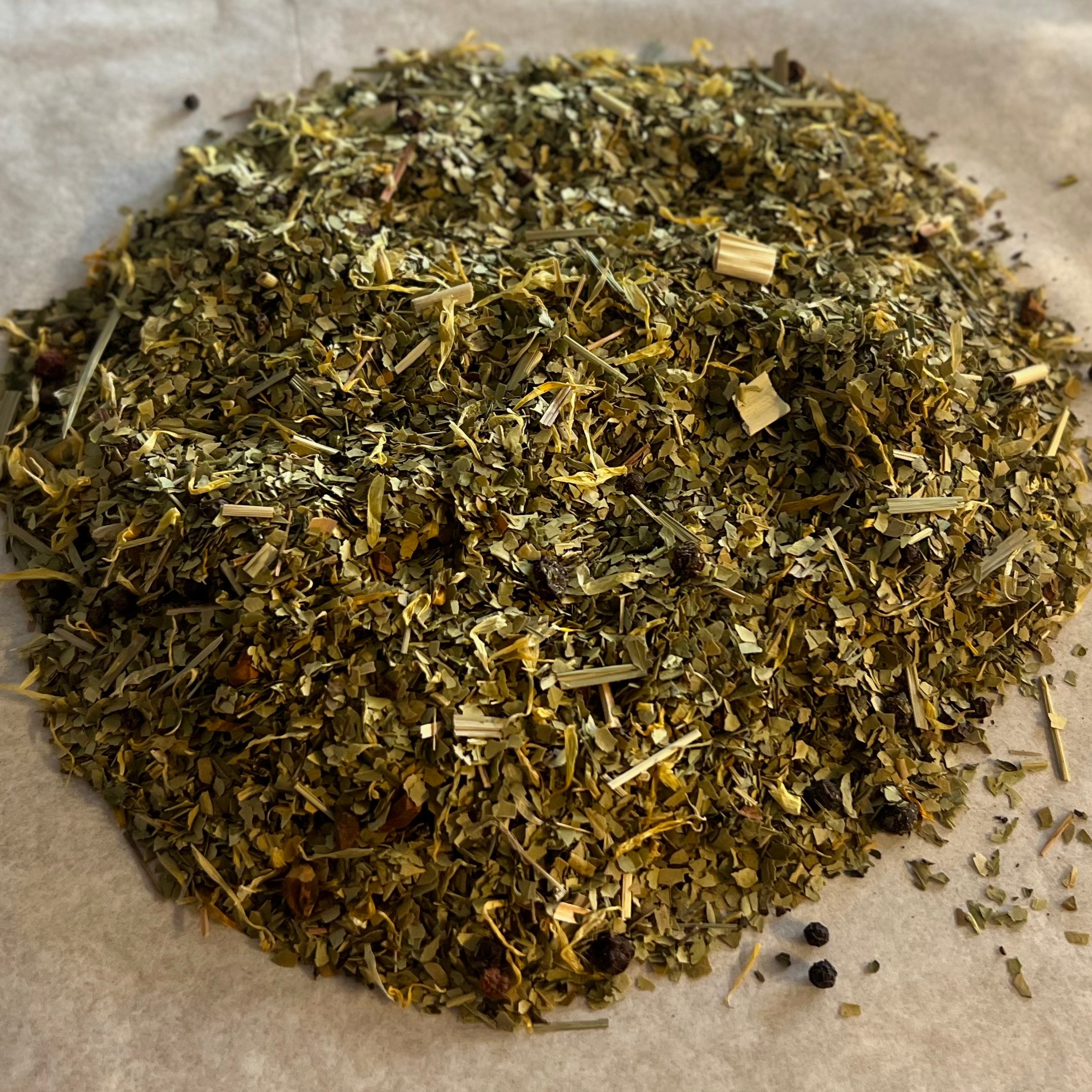 Close-up of loose Minty Lemon Mate tea blend with yerba mate, lemon pieces, and dried mint leaves on parchment paper.
