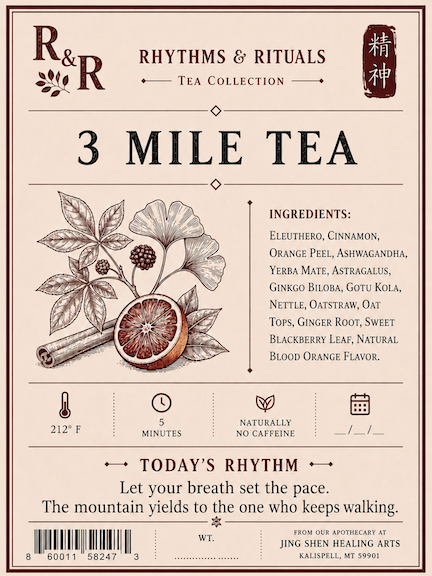 Front of a tea packaging label for R&R Rhythms & Rituals 3 Mile Tea, featuring botanical illustrations of citrus and spices, ingredient text, brewing temperature and time, and a barcode on a warm beige background.