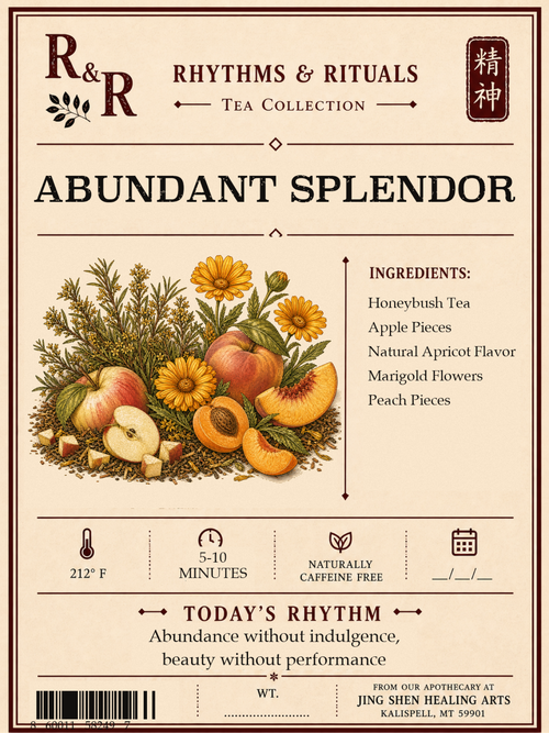 A vintage-style tea label for R&R Rhythms & Rituals Abundant Splendor, featuring an illustration of peaches, honeybush, and yellow flowers on a warm beige background with decorative typography.