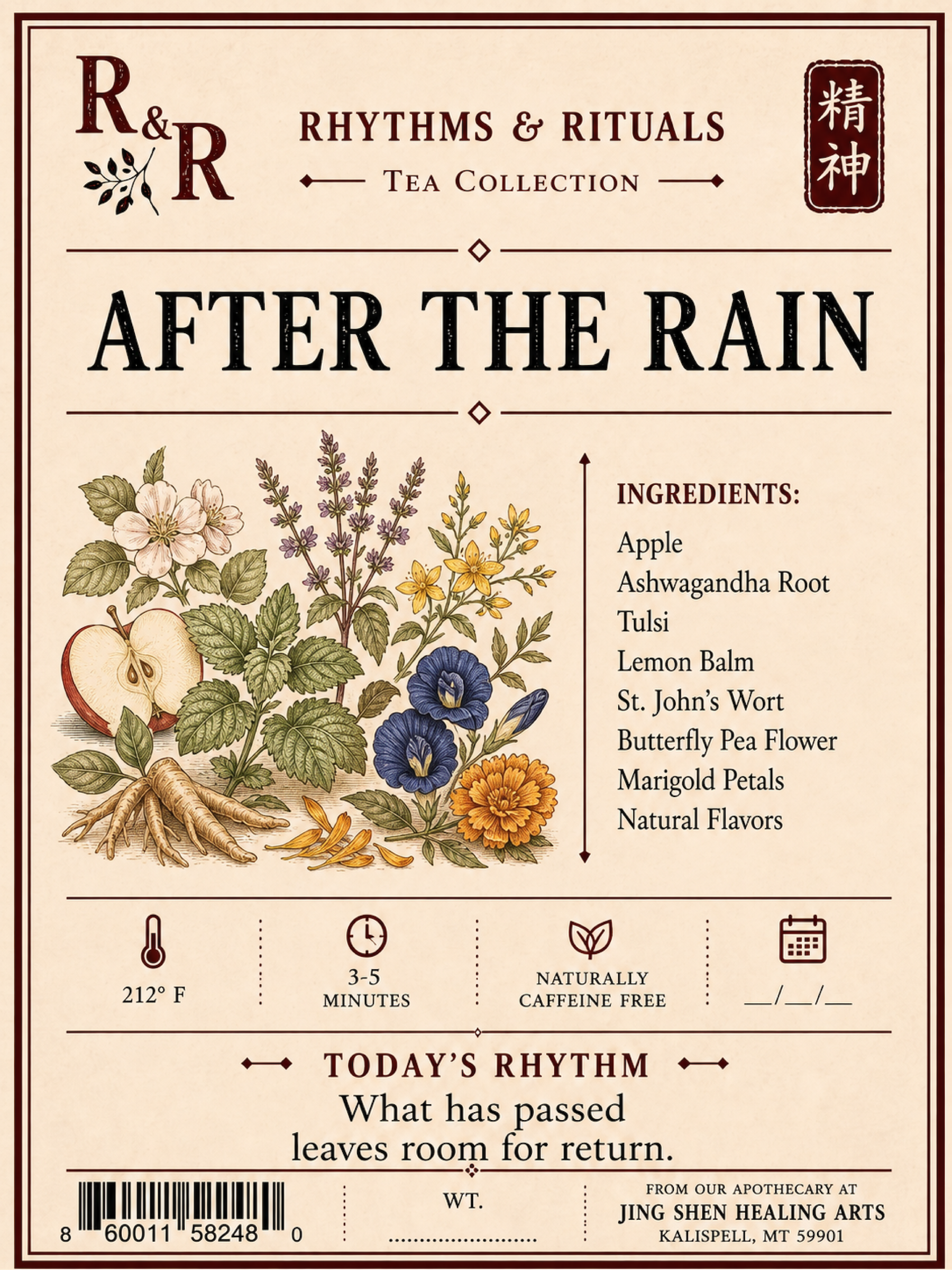 Rhythm & Rituals Tea Collection 'After the Rain' tea package label, featuring botanical illustrations of flowers, leaves, and an apple with a visible R&R logo and product details on a warm beige background.