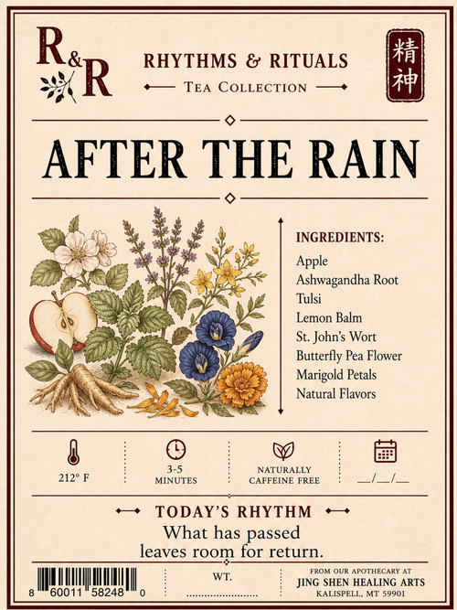 Rhythm & Rituals Tea Collection 'After the Rain' tea package label, featuring botanical illustrations of flowers, leaves, and an apple with a visible R&R logo and product details on a warm beige background.