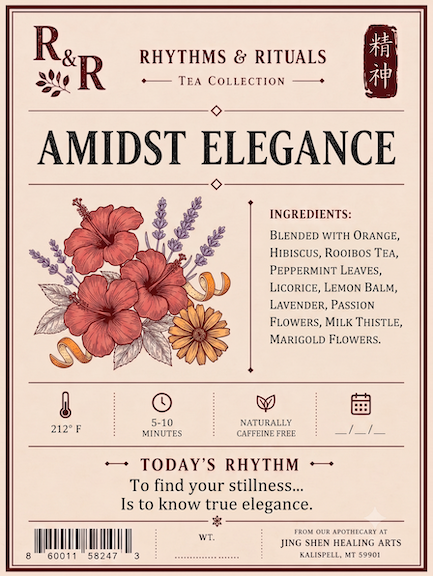 A tea product label for R&R Rhythms & Rituals 'Amidst Elegance' tea, featuring a beige background with dark red text and border, floral illustrations of hibiscus and marigold, and ingredient details.