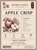 A tea product label for R&R Rhythms & Rituals Tea Collection, Apple Crisp. The label features a vintage-style design with an illustration of a red apple, a cinnamon stick, and flowers on a cream background, surrounded by ingredients listed in text.