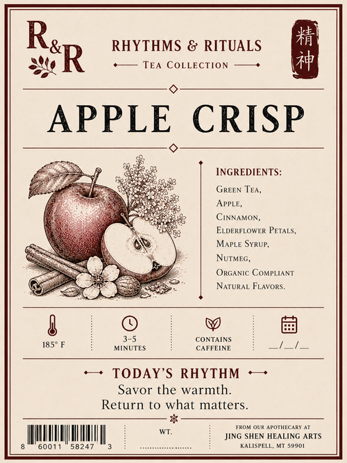 A tea product label for R&R Rhythms & Rituals Tea Collection, Apple Crisp. The label features a vintage-style design with an illustration of a red apple, a cinnamon stick, and flowers on a cream background, surrounded by ingredients listed in text.
