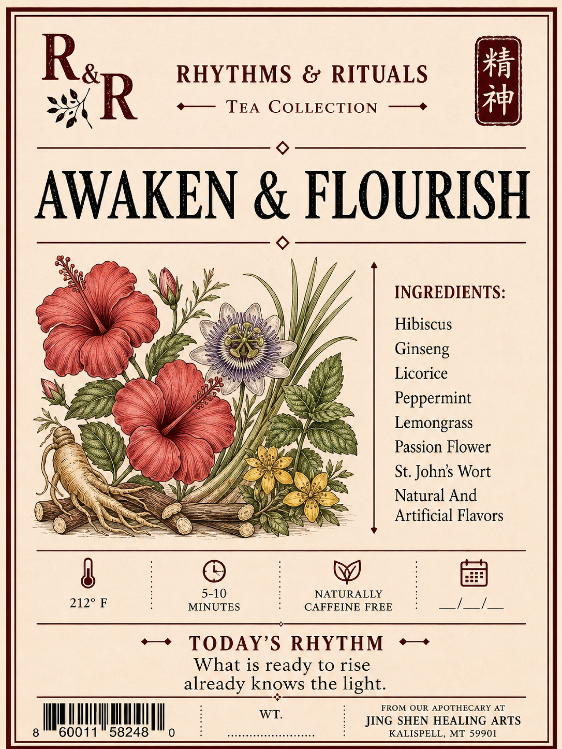 A tea product label for R&R Rhythms & Rituals 'Awaken & Flourish' tea, featuring vintage botanical illustrations of hibiscus flowers, ginger root, and a passion flower on a beige background with dark red text and borders.