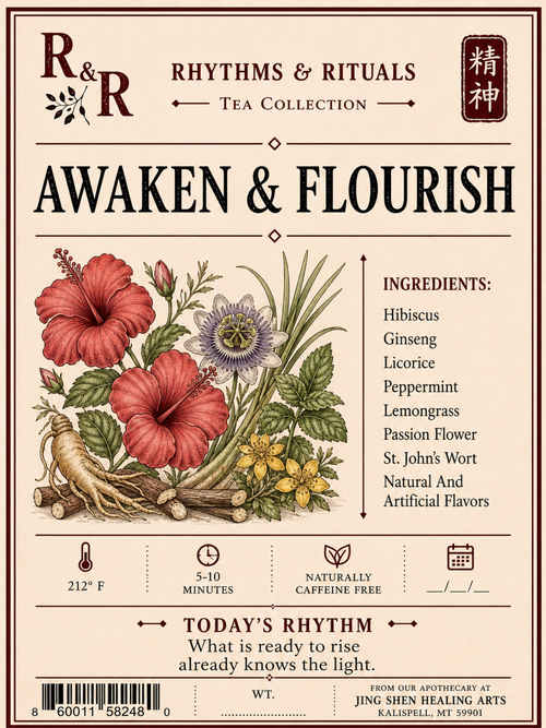 A tea product label for R&R Rhythms & Rituals 'Awaken & Flourish' tea, featuring vintage botanical illustrations of hibiscus flowers, ginger root, and a passion flower on a beige background with dark red text and borders.