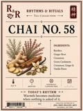 Rhythm & Rituals Tea Collection Chai No. 58 tea package label featuring illustrations of ginger root, cinnamon sticks, cloves, and a white flower, with listed ingredients including Rooibos, Ginger Root, Cinnamon, Green Cardamom, and Vanilla Flavor.