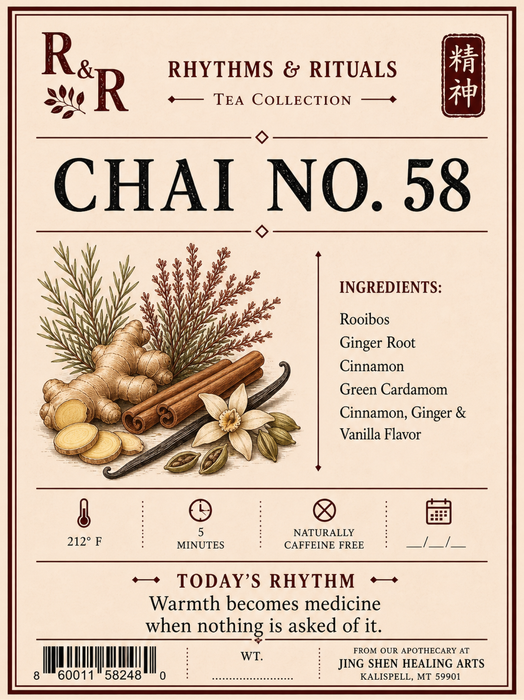 Rhythm & Rituals Tea Collection Chai No. 58 tea package label featuring illustrations of ginger root, cinnamon sticks, cloves, and a white flower, with listed ingredients including Rooibos, Ginger Root, Cinnamon, Green Cardamom, and Vanilla Flavor.