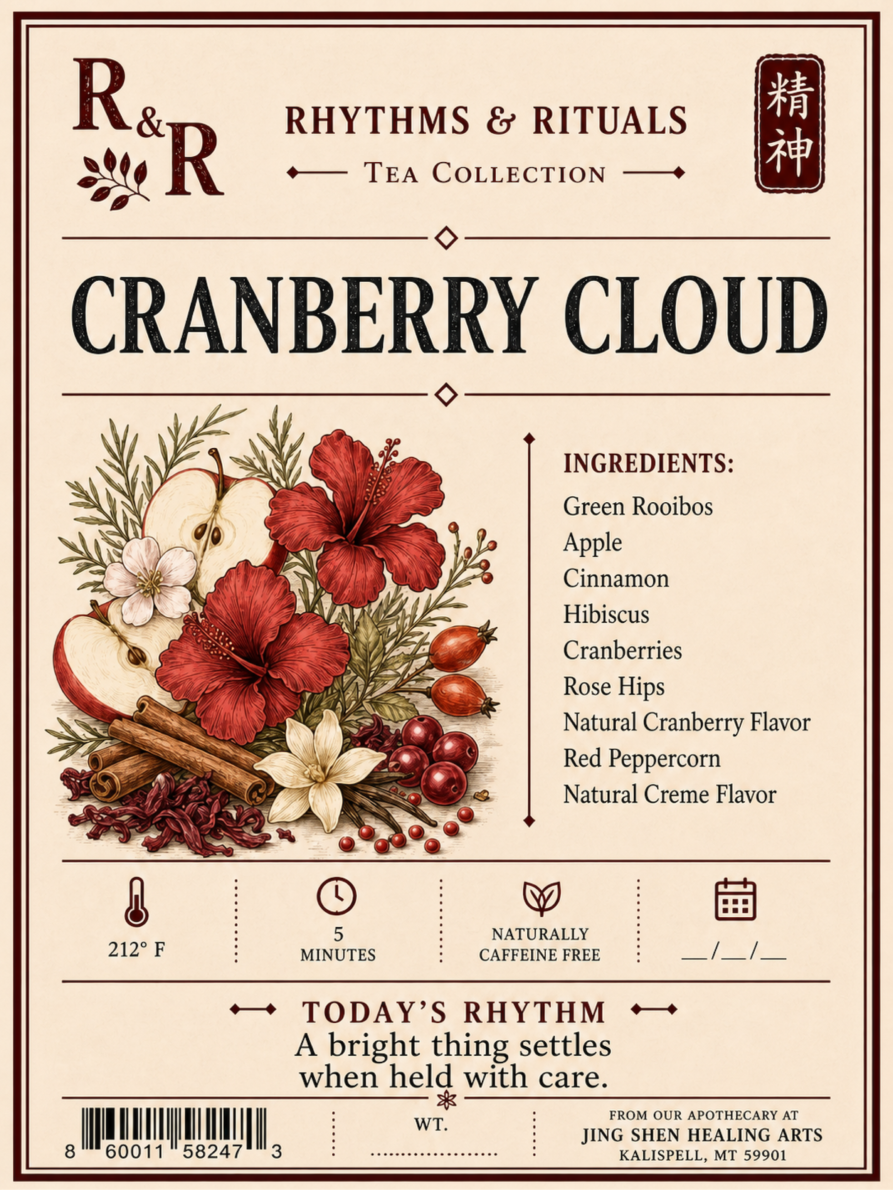Rhythm & Rituals Tea Collection Cranberry Cloud tea package label, featuring a beige background with vintage-style illustrations of red cranberries, white flowers, cinnamon sticks, and green leaves. The label lists ingredients including green rooibos, apple, cinnamon, hibiscus, cranberries, rose hips, red peppercorn, and natural creme flavor.
