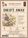 A tea product label for R&R Rhythms & Rituals Tea Collection, Drift Away. The label features a vintage-style beige background with a detailed botanical illustration of a purple passionflower, a list of ingredients including valerian root, passionflower, linde, jasmine blossoms, and lemon myrtle, and product details such as temperature (212° F), steeping time (5 minutes), and naturally caffeine free.