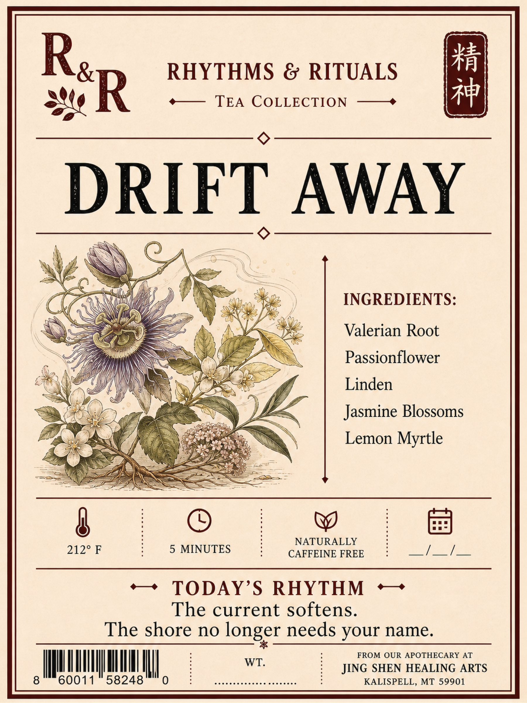 A tea product label for R&R Rhythms & Rituals Tea Collection, Drift Away. The label features a vintage-style beige background with a detailed botanical illustration of a purple passionflower, a list of ingredients including valerian root, passionflower, linde, jasmine blossoms, and lemon myrtle, and product details such as temperature (212° F), steeping time (5 minutes), and naturally caffeine free.