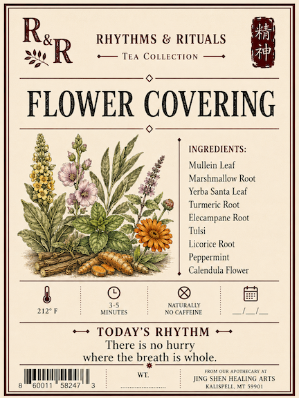 A square tea packet label for R&R Rhythms & Rituals Tea Collection's 'Flower Covering' blend. The label features a vintage botanical illustration of various herbal plants, roots, and flowers on a warm cream background with dark brown text and borders.