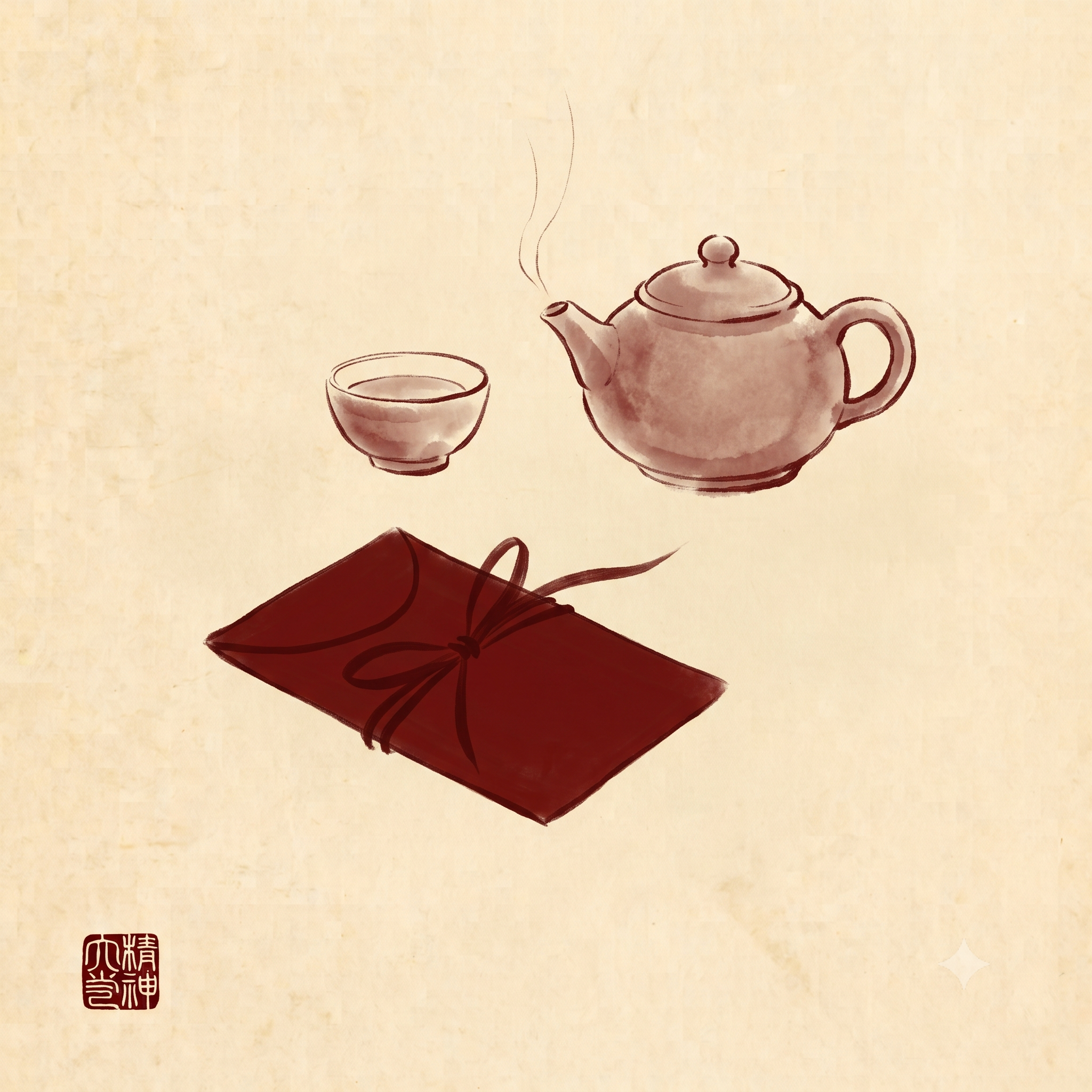 Watercolor-style illustration of a teapot with steam rising, a small cup, and a dark red wrapped gift on a textured beige background.