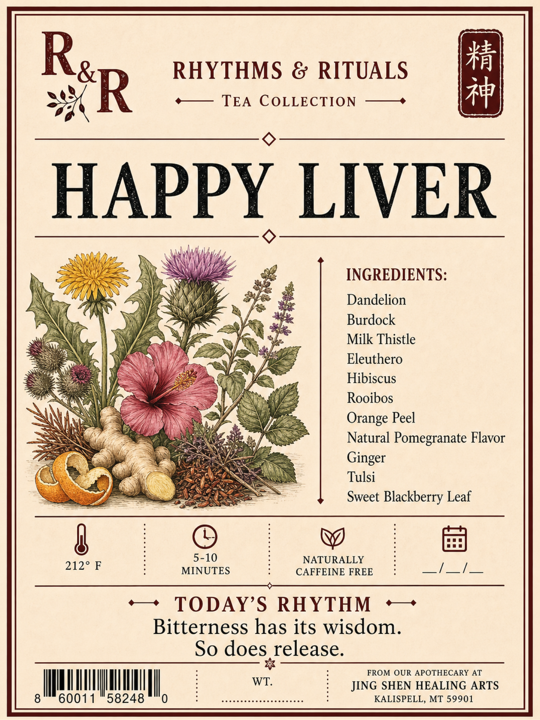 A tea product label for R&R Rhythms & Rituals 'Happy Liver' tea. The label features a vintage cream background with a detailed botanical illustration of dandelion, burdock, milk thistle, hibiscus, rooibos, ginger, and tulip.