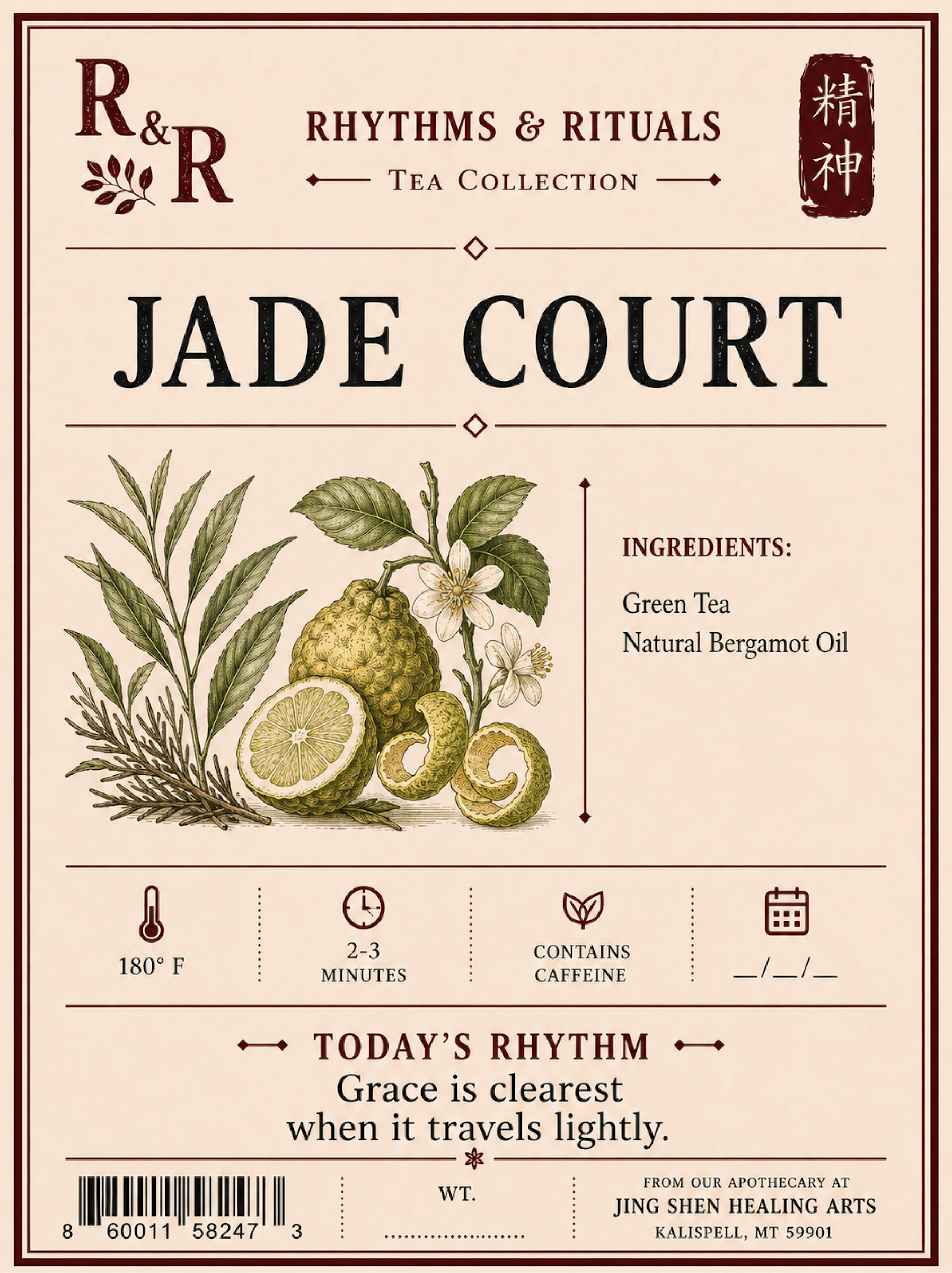 A vintage-style tea label for R&R Rhythms & Rituals Jade Court Tea Collection, featuring botanical illustrations of green tea leaves and bergamot, with text detailing ingredients and brewing instructions on a warm beige background.