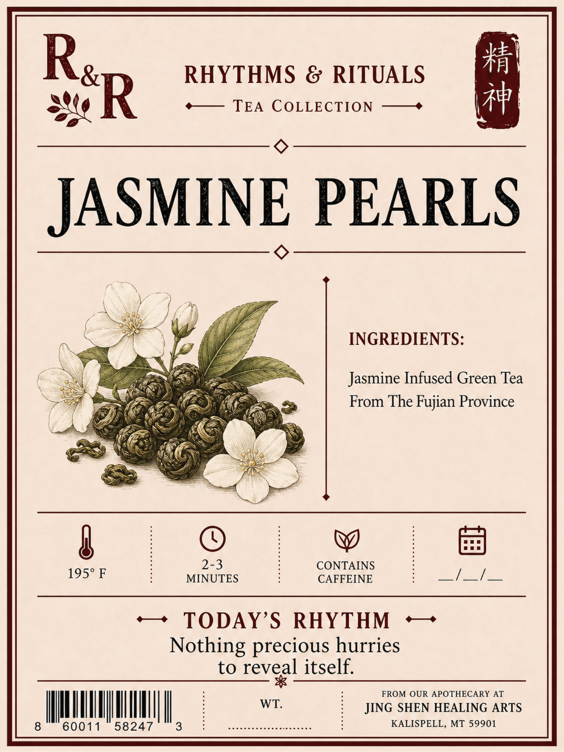 Front of a tea product label for R&R Jasmine Pearls tea from The Fujian Province, featuring an illustration of jasmine flowers and buds, ingredients text, brewing temperature and time icons, and a barcode.
