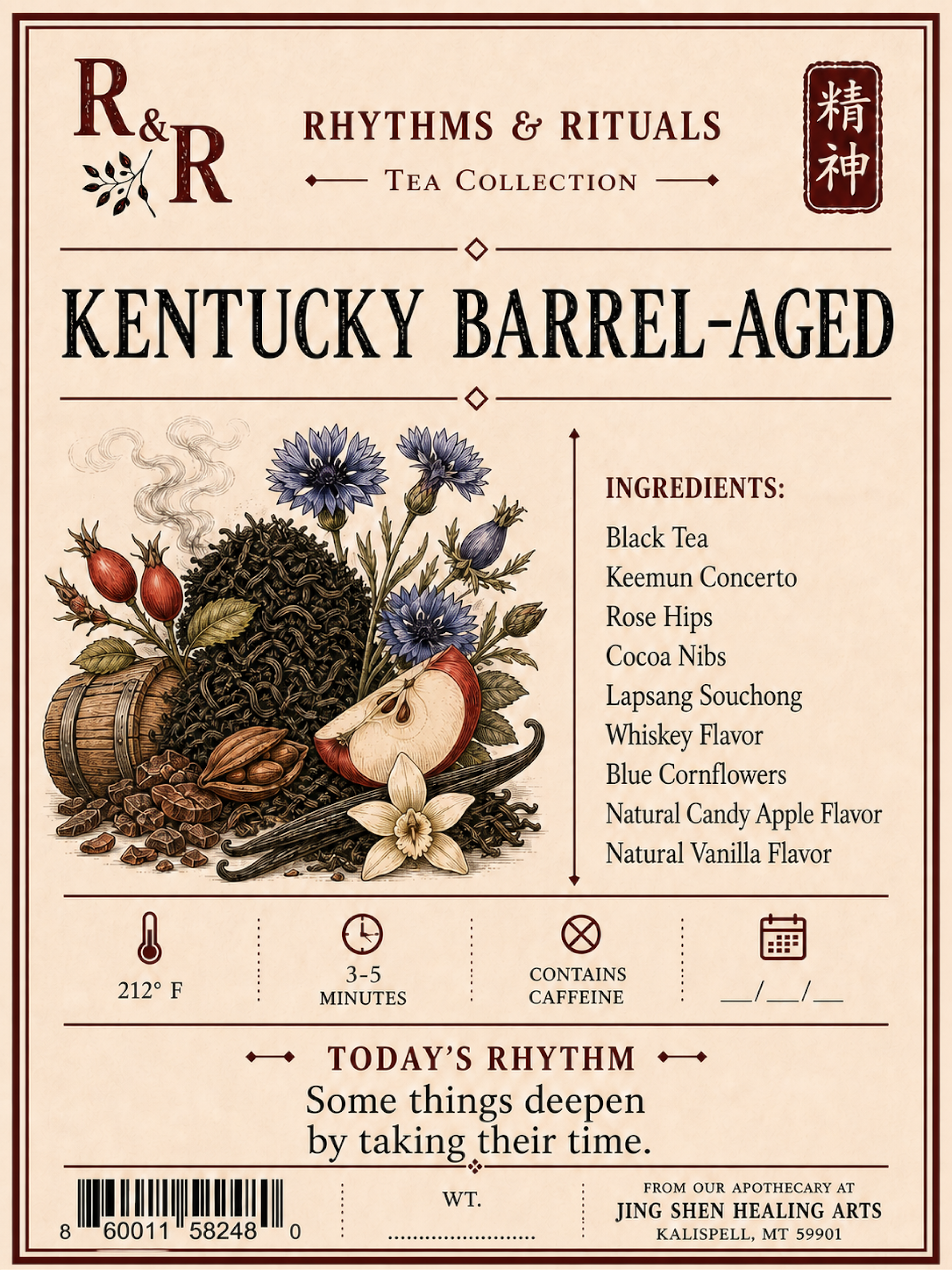 A vintage-style tea label for R&R Rhythms & Rituals, featuring the flavor name Kentucky Barrel-Aged. The cream-colored label includes illustrated tea leaves, flowers, a cinnamon stick, and fruit, with a listed ingredients section and brewing icons at the bottom.