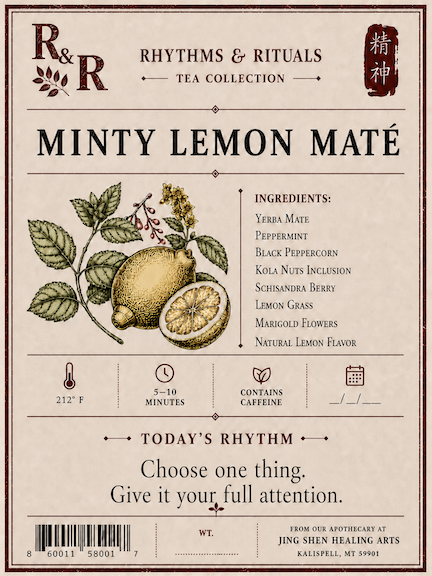 A vintage-style tea label for R&R Rhythms & Rituals Tea Collection, featuring 'Minty Lemon Maté'. The label has a warm beige background with a dark brown border, an illustration of a lemon and green leaves, and lists ingredients including yerva mate, peppermint, kola nuts, schisandra berry, and lemon grass.