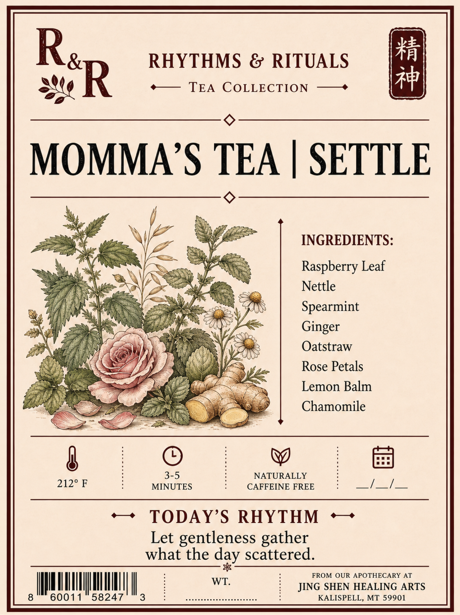 A vintage-style tea label for R&R Rhythms & Rituals 'Momma's Tea | Settle' from Jing Shen Healing Arts. The cream-colored label features an illustration of a pink rose, green leaves, and ginger roots, with a listed ingredients section and product details.
