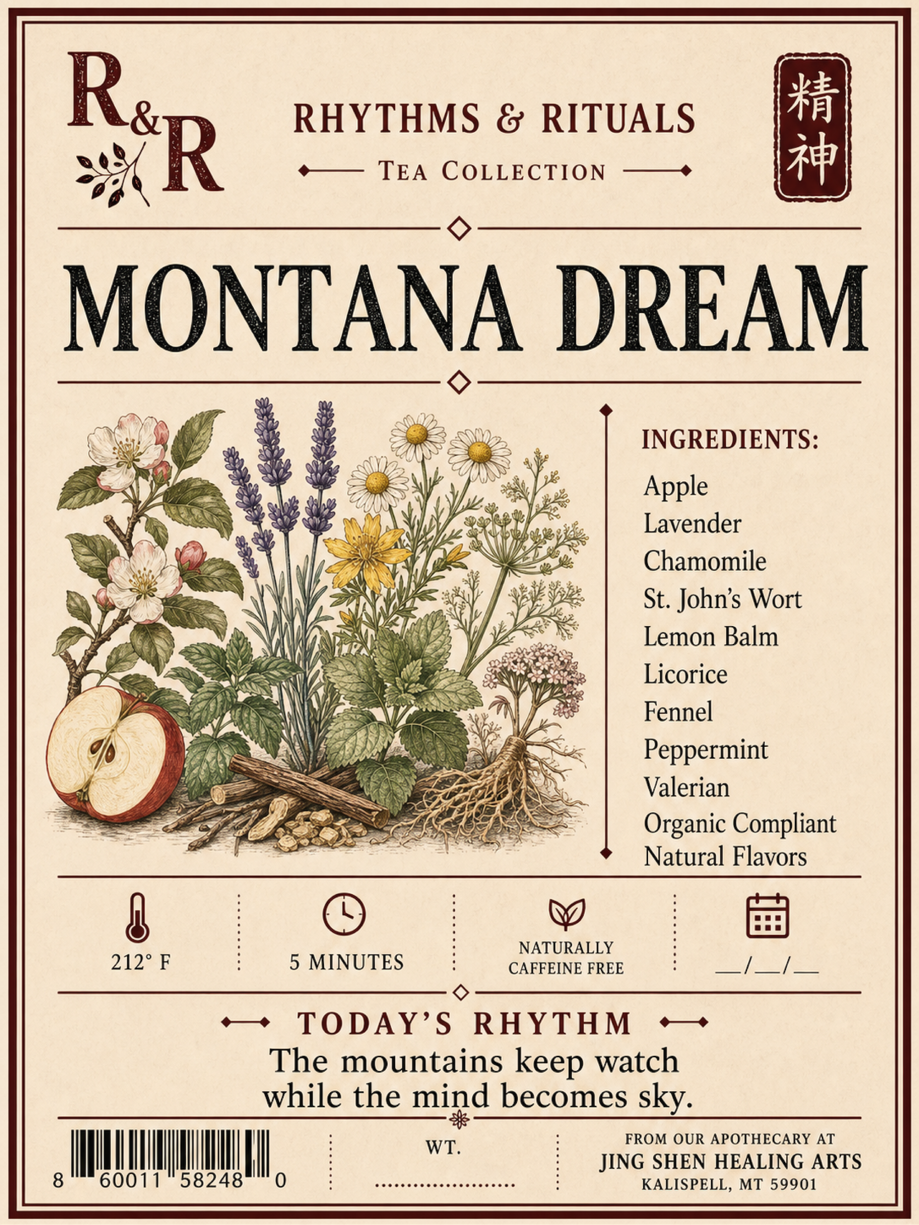 Front of a tea package labeled 'Montana Dream' from R&R Rhythms & Rituals Tea Collection. The package has a cream background with botanical illustrations of apple, lavender, chamomile, St.