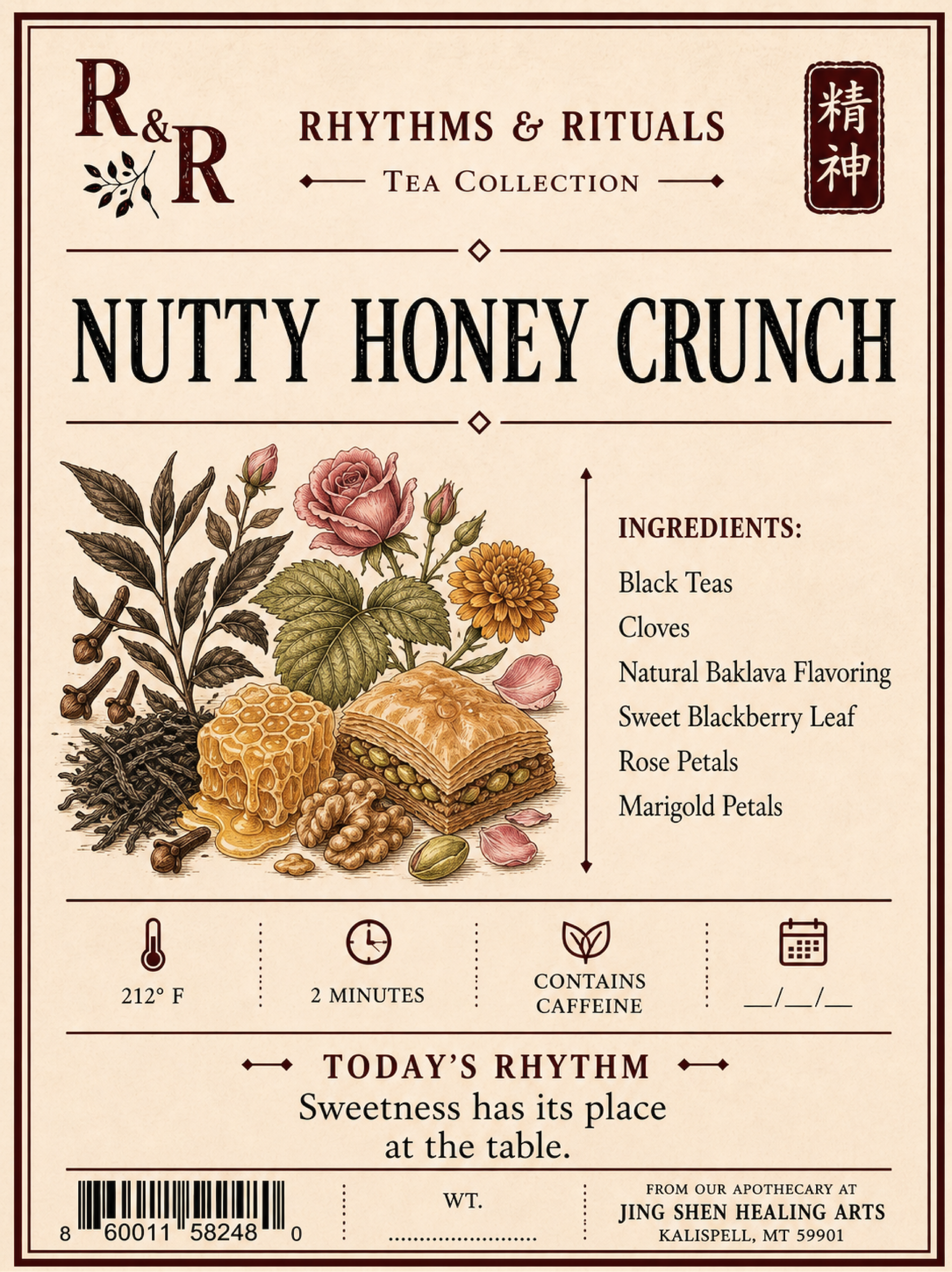 Front of a tea bag packaging label for R&R Tea Collection's Nutty Honey Crunch flavor. The label features a vintage-style illustration of a honeycomb, cloves, a pink rose, a yellow flower, and marigold petals, alongside a depiction of a layered pastry.