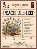 Rhythm & Rituals Tea Collection 'Peaceful Sleep' tea packaging label, featuring an illustration of various herbal ingredients like chamomile, lavender, passionfruit, and blue cornflowers on a warm beige background with dark brown text and borders.