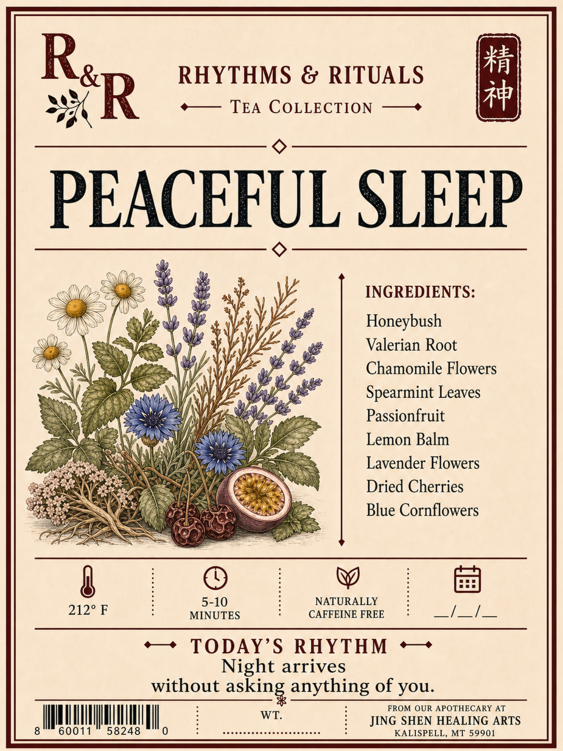 Rhythm & Rituals Tea Collection 'Peaceful Sleep' tea packaging label, featuring an illustration of various herbal ingredients like chamomile, lavender, passionfruit, and blue cornflowers on a warm beige background with dark brown text and borders.