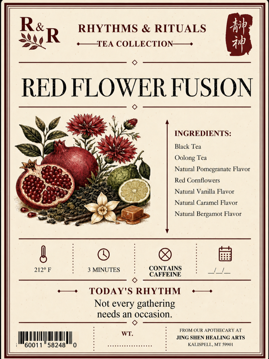 A square tea product label for 'Red Flower Fusion' from the 'Rhythms & Rituals Tea Collection' by R&R. The label features a vintage-style cream background with illustrations of red flowers, a pomegranate, a lime, and herbs, alongside a list of ingredients and brewing instructions.