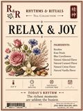 Rhythm & Rituals 'Relax & Joy' tea collection packaging label, featuring a vintage botanical illustration of pink roses, blue cornflowers, and white lilies on a cream background with flavor and ingredient details.