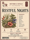 A vintage-style tea label for R&R Restful Nights from the Tea Collection. The label features a cream background with dark red borders, large black serif title text, a botanical illustration with pink, purple, green, and beige tones, ingredient lists, temperature and time icons, and a barcode at the bottom.