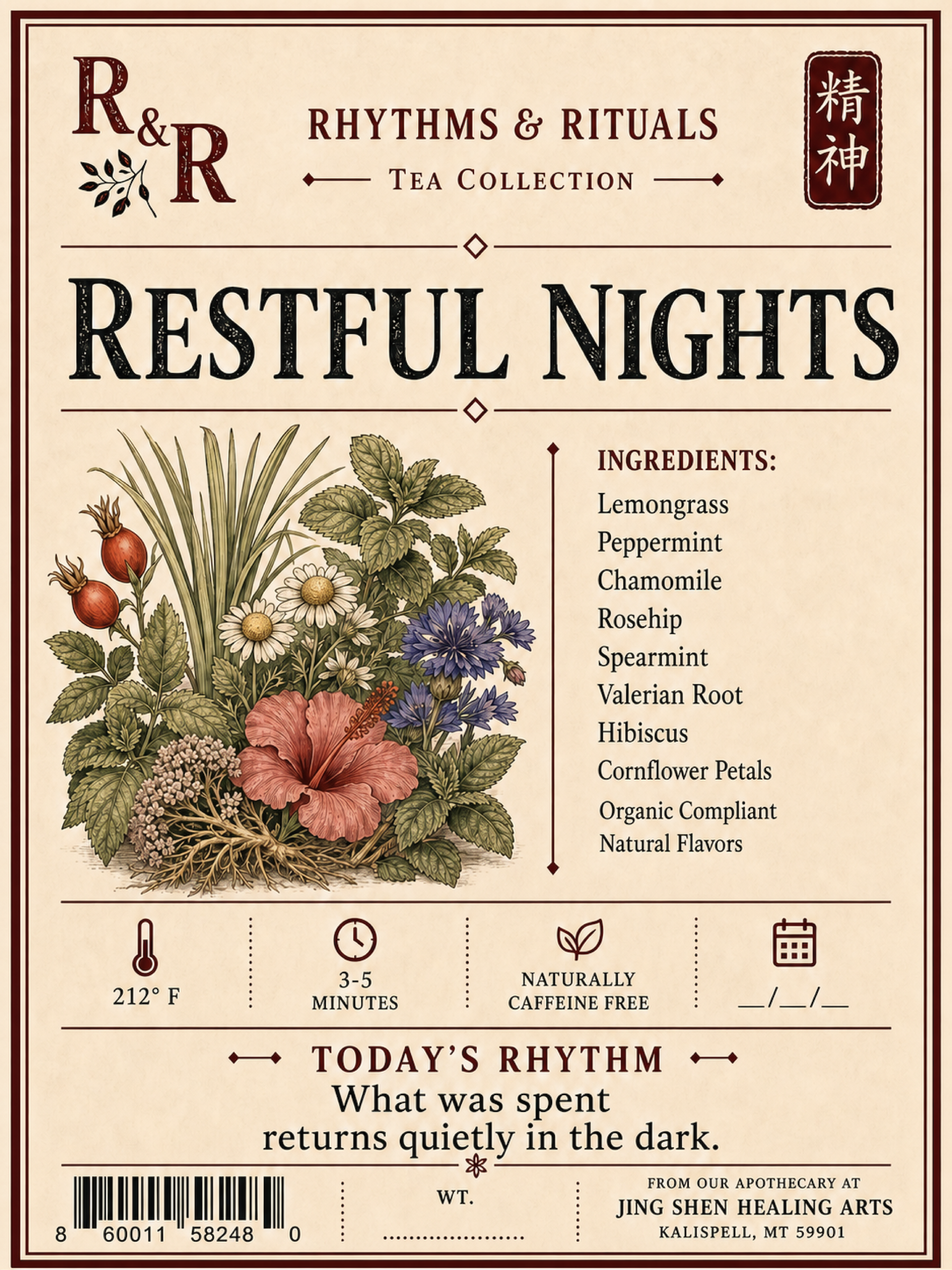 A vintage-style tea label for R&R Restful Nights from the Tea Collection. The label features a cream background with dark red borders, large black serif title text, a botanical illustration with pink, purple, green, and beige tones, ingredient lists, temperature and time icons, and a barcode at the bottom.