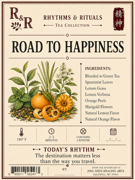 Rhythm & Rituals 'Road to Happiness' tea collection label, featuring botanical illustrations of citrus, flowers, and herbs on a cream background with black text.