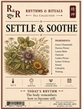Front of a tea bag package labeled 'R & R Rhythms & Rituals Tea Collection' with the product name 'Settle & Soothe,' botanical illustrations, ingredient list, brewing icons, and a barcode on a beige background.