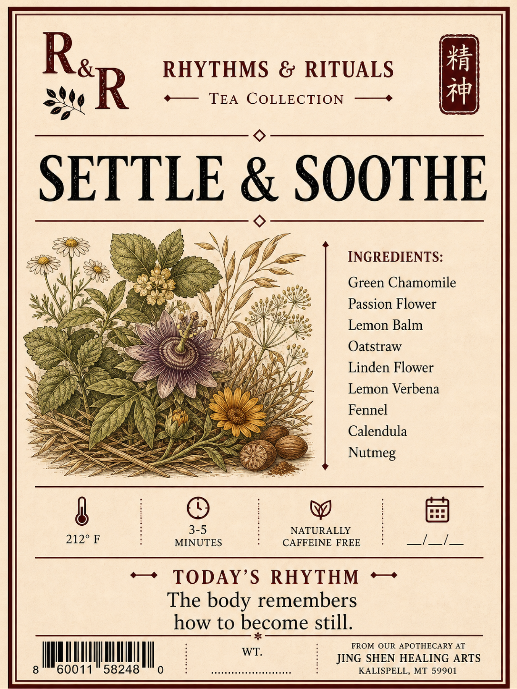 Front of a tea bag package labeled 'R & R Rhythms & Rituals Tea Collection' with the product name 'Settle & Soothe,' botanical illustrations, ingredient list, brewing icons, and a barcode on a beige background.