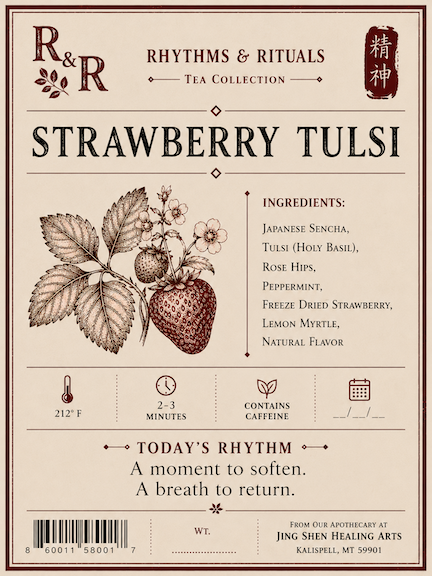 Rhythm & Rituals Strawberry Tulsi tea packaging label featuring an illustrated strawberry, ingredients list, brewing temperature and time icons, and a barcode on a warm beige background.