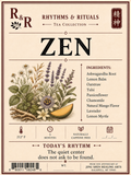 A tea product label for R&R Rhythms & Rituals Zen from the Tea Collection. The label features a warm beige background with dark brown text and illustrations of various herbs, flowers, and a slice of mango.