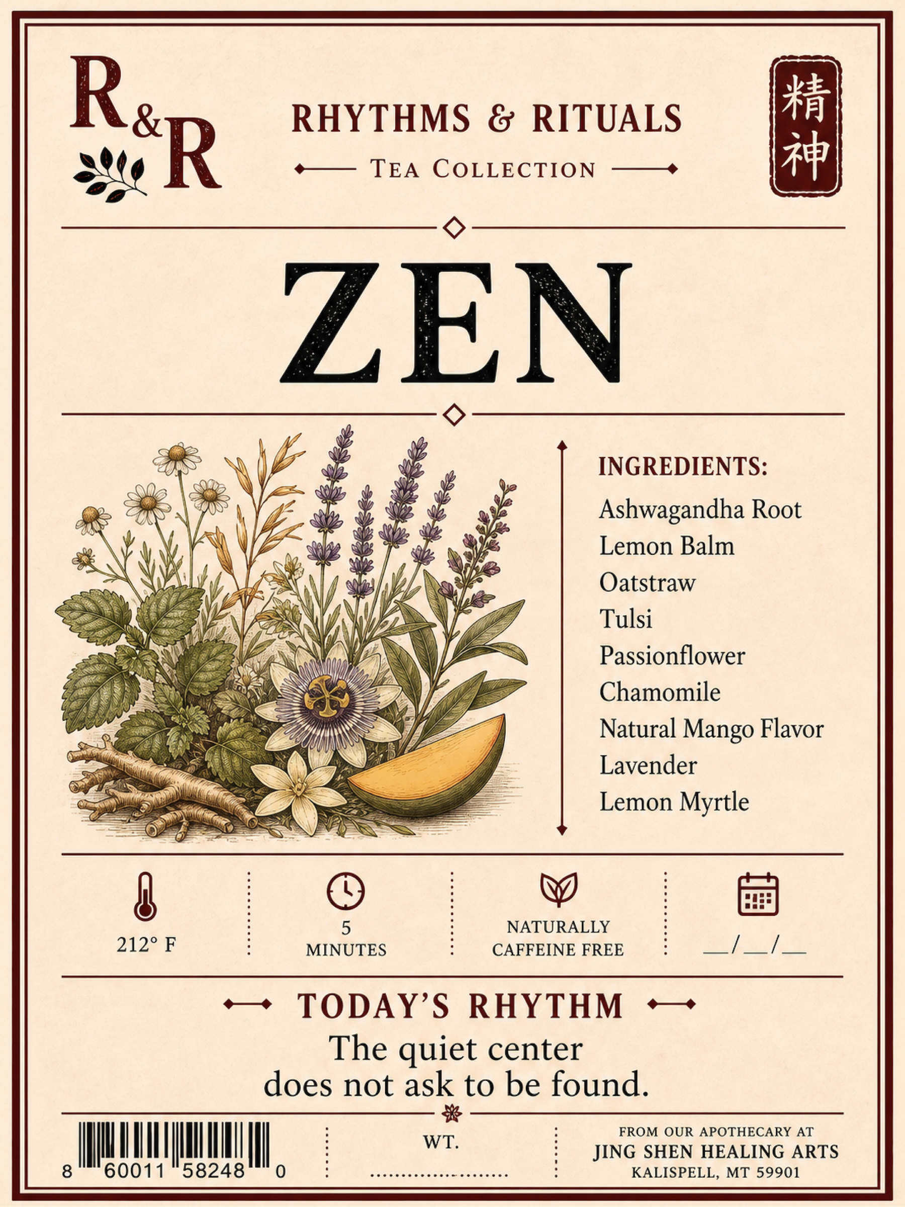 A tea product label for R&R Rhythms & Rituals Zen from the Tea Collection. The label features a warm beige background with dark brown text and illustrations of various herbs, flowers, and a slice of mango.