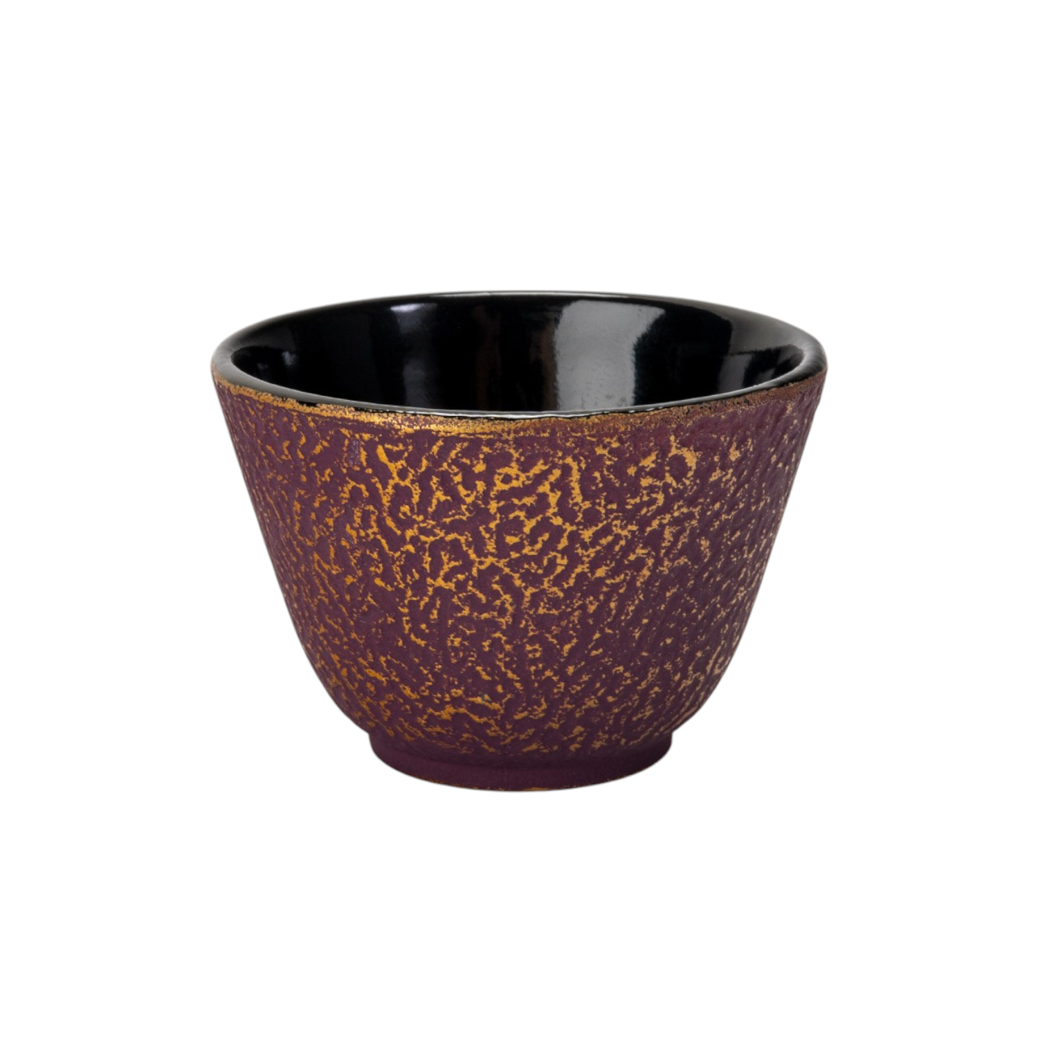 Close-up of purple honeycomb textured cast iron drinkware cup with glossy black interior and matte exterior finish.
