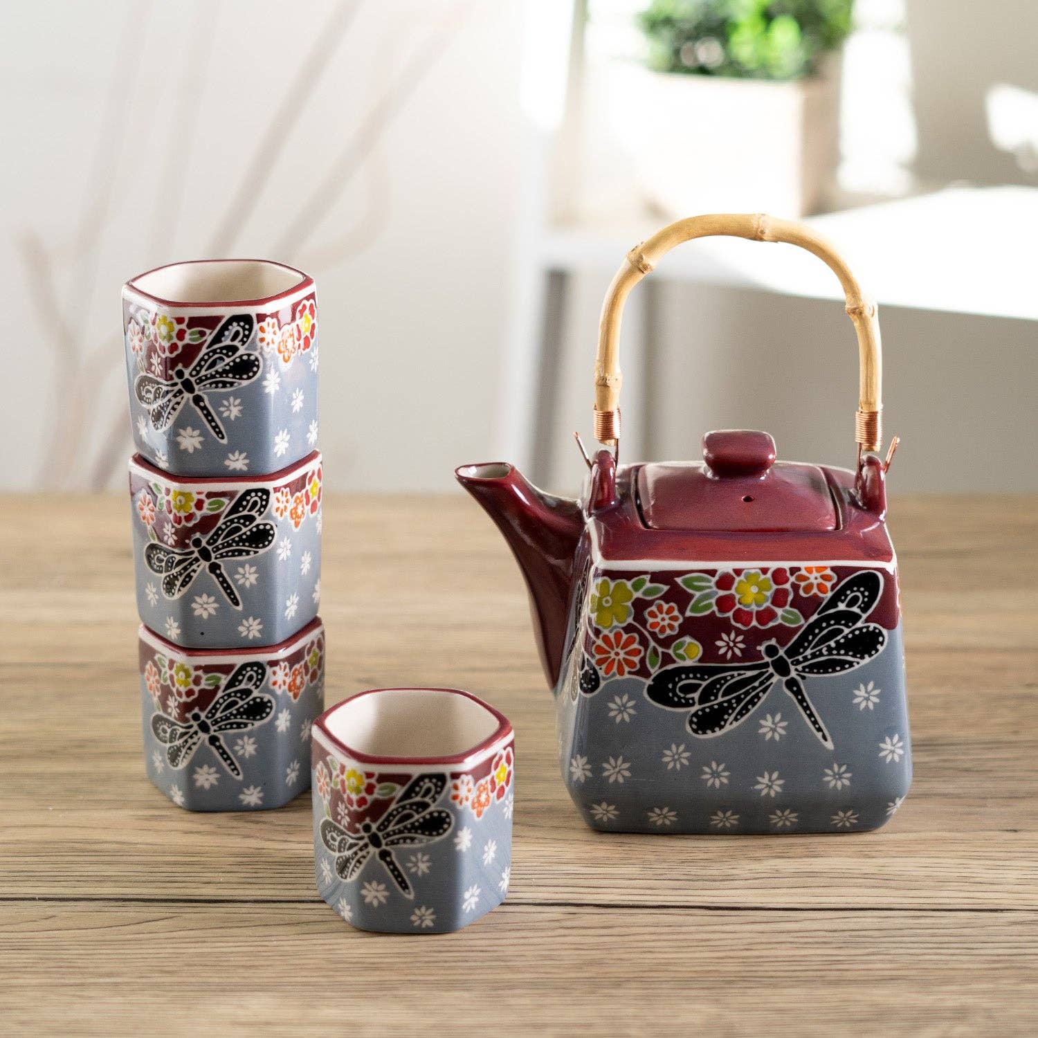 Dragonfly Tombo Design Tea Set 20oz Tea Pot with 4 Hexagon Cups (4/8)