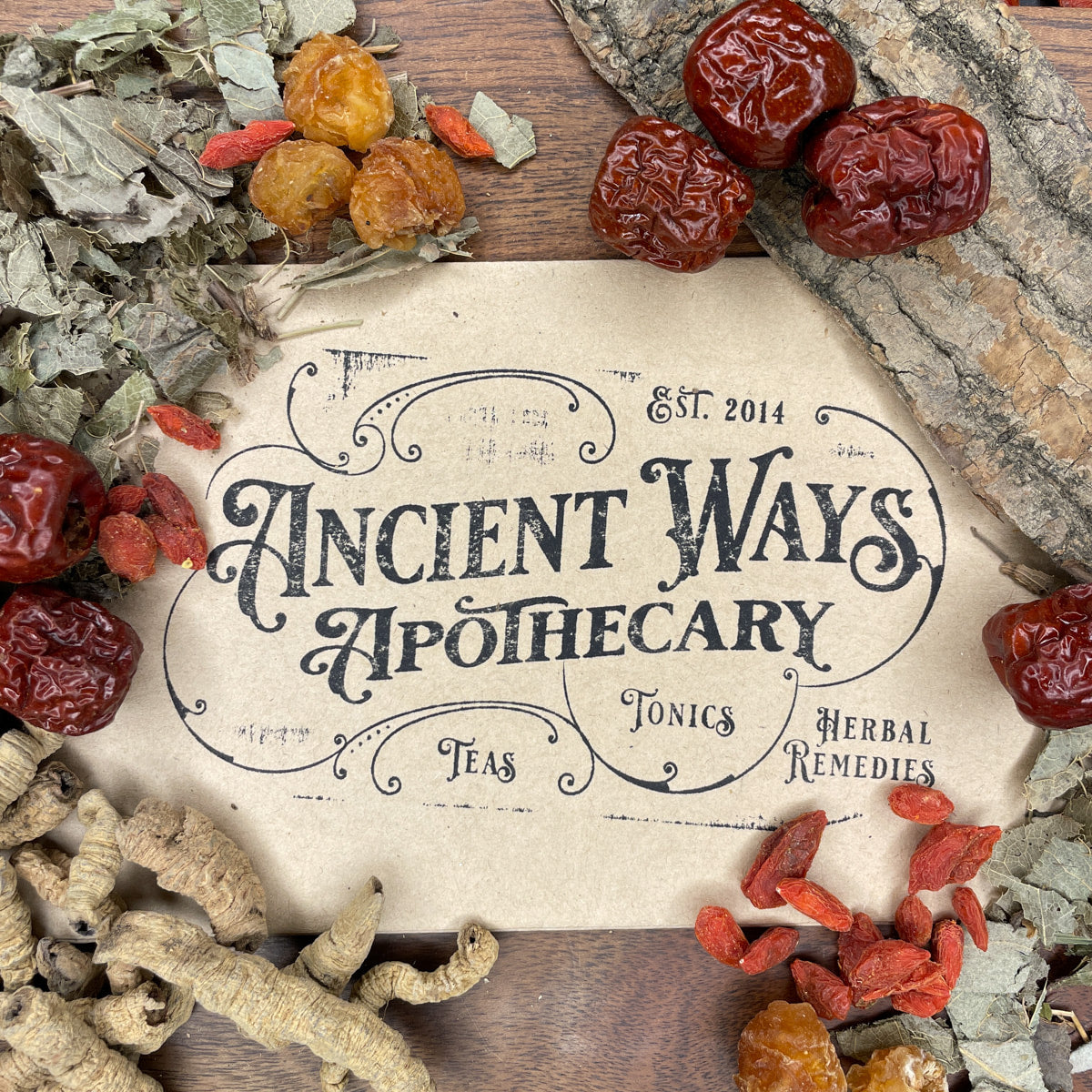 Assorted traditional Chinese herbs including He Shou Wu, Shu Di Huang, and Goji berries surrounding vintage apothecary label