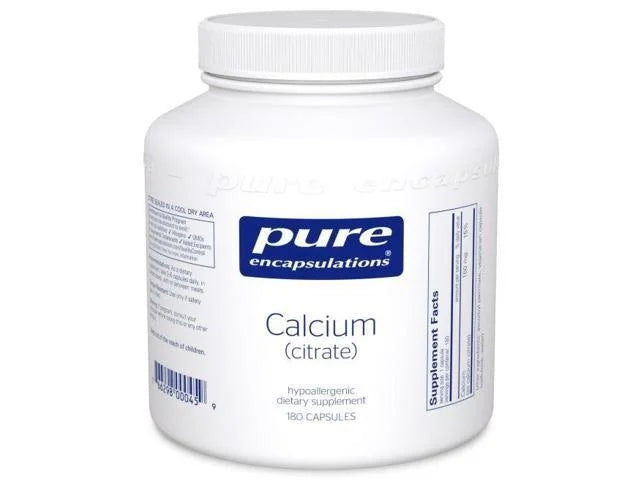 White supplement bottle labeled 'pure encapsulations Calcium citrate' on a white background