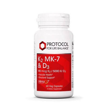 Supplement bottle labeled 'Protocol for Life Balance' with K2 MK-7 & D3 on a white background